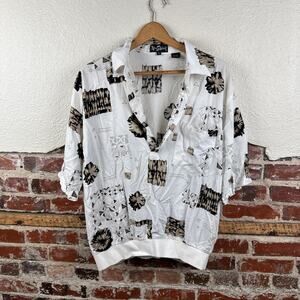Vintage Alan Stuart Shirt Mens XL White Rayon Abstract Pattern Short Sleeve 90s
